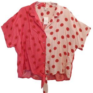 NEW CATO Floral Button Front, Tie Front, Short Sleeve Top/Blouse. Size XL